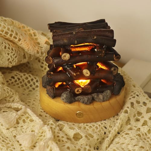 Image of Small Cozy Fireplace Lantern Traditional Realistic Log Wood Burning Flame Effect Ligh LED Charcoal Style Table LampFor Indoor & Outdoor Use