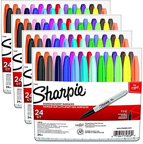 Sharpie 75846 Fine Point Permanent Markers, Assorted Colors; 4 Sets of 24 Markers, Total 96 Markers; Proudly Permanent Ink Marks on Paper, Plastic, Metal and Most Other Surfaces