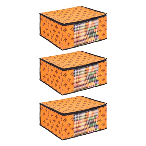 PrettyKrafts Set of 3 Non-Woven Printed Foldable Saree Covers/Wardrobe Organizer With Transparent Window And Zip/Clothes Storage Bag For Women's Lehenga, Suit Saree & Other Accessories (Orange)