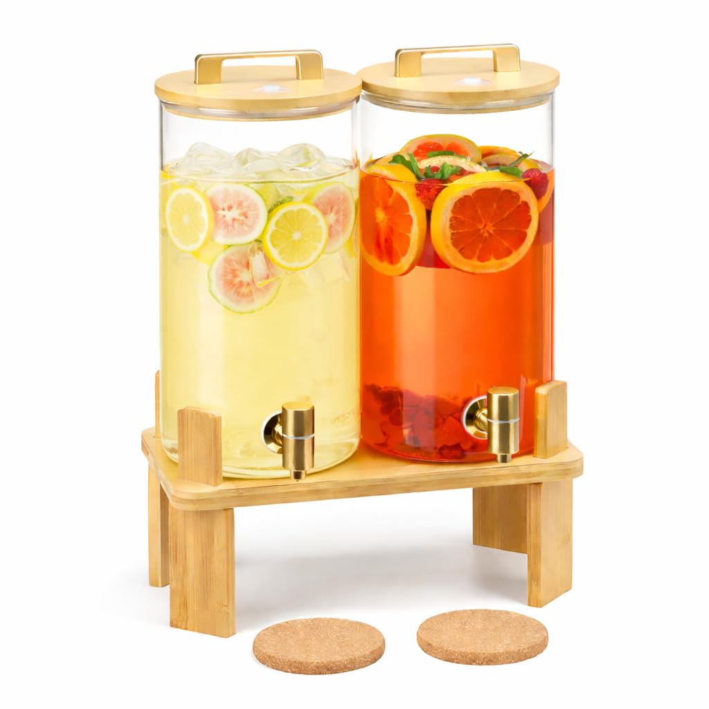 Photo 1 of 1.5 Gallon 2PCS Glass Drink Dispenser for Parties,Beverage Dispenser with Wooden Stand, Lemonade Dispenser,Juice Containers & Water Pitcher with Lid for Lemonade, Iced Tea and Party Drinks