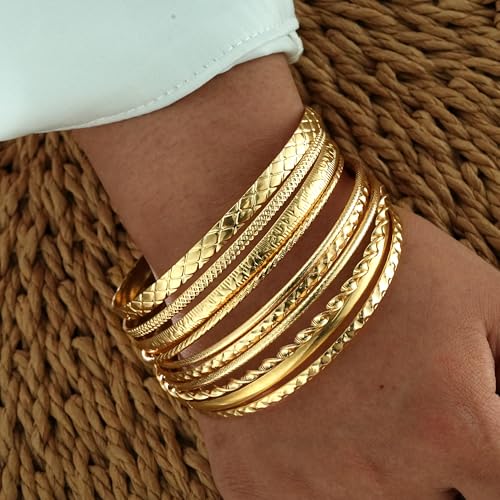 Image of IF ME Gold Bangle Bracelets for Women, Indian Bangles Stackable Set, Multi Layer Textured 18K Gold Plated Chunky Bracelets Boho Jewelrys Set