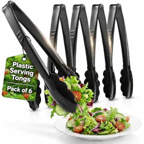 Plastic Tongs for Serving (Pack of 6) 9 Inch - Heavy-Duty Hard Plastic Reusable or Disposable Serving Tongs for Catering, Dinner Parties, Banquets, Buffets, Events, Weddings and Everyday Use, Black