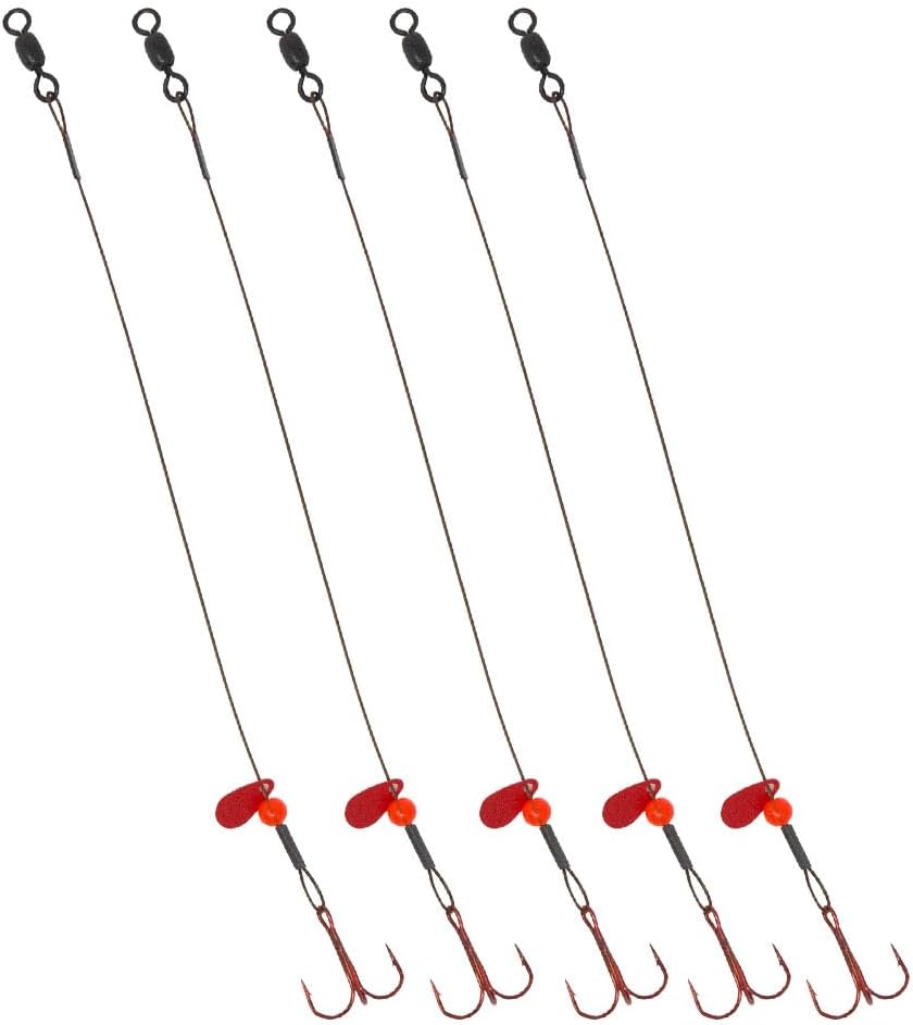 Tooth Shield Tackle Ice Fishing Tip Up Leader Rig (90 lb) Ice Fishing Sucker Walleye Pike Musky Predator Rig (5 Pack) (Camo/Red Bead/Flipper) Made in The USA