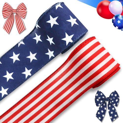 ABTOLS 2 Roll 10 Yards Patriotic Ribbons 2.5 Red White Stripe Wired Edge Burlap Ribbon Labor Day Blue Star Ribbon for Christmas Party Decor Gift DIY Crafts Wreaths Bow