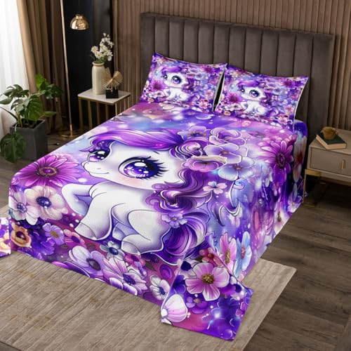 Manfei Cute Uincorn Bedspread Twin Size, Purple Floral Unicorn Coverlet Set 2pcs, Cartoon Animal Theme Quilted Coverlet with 1 Pillowcase, Kids Boys Girls Room Decor, Soft Bedding Quilt