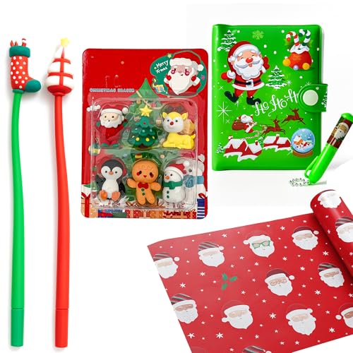 Image of Kidology 4-Pcs. Christmas Gift Pack for Kids - Santa Diary, Erasers, Flexible Santa Pens & Festive Gift Wrap | Fun Holiday Stationery Set with Random Designs