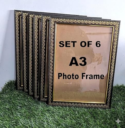 Image of Stuthi Arts Set of 6 A3 Size Photo Frames (11.69 x 16.54 inches) with Stylish Pattern, Wall Hanging Frames for Certificate, Photos and Art (6, Golden Brown A3)