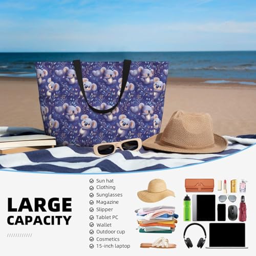 Large Beach Bags for Women Sandproof - Cute Koala Night Print Summer Travel Work Tote Bags with Zipper4