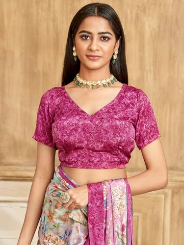 Image of Satrani Women's Silk Crepe Floral Printed Saree with Unstitched Blouse Piece