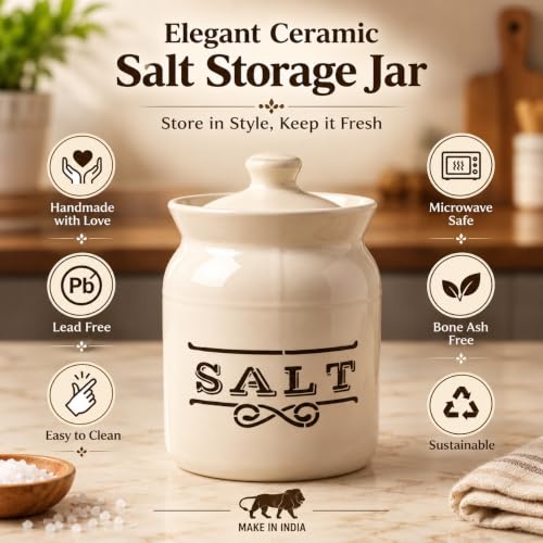 Image of D'Maiolica Ceramic Pickle Kitchen Jars in 1000ml | HandCrafted 1 kg Achaar Martban Barni | Ceramic Storage Containers | Jars for Achar, Spices, Salt (set of 2) (Classic Salt Snow)