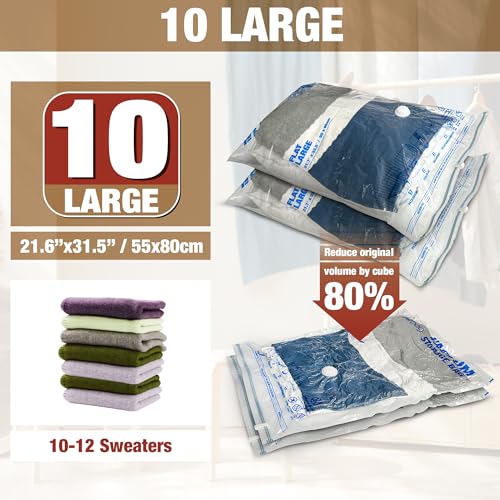 Image of Vacuum Storage Bags, 10 Large Space Saver Vacuum Seal Bags, Space Bags for Clothes, Blankets, Bedding (10L)