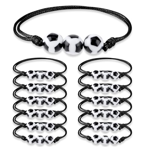 HJZHII 12Pcs Soccer Braided Bracelets Sports themed Charm Soccer Bracelets Adjustable Wristband Inspirational Sports Ball Bracelet for Men Women Teens Halloween Birthday Party Gift Soccer Favor Team