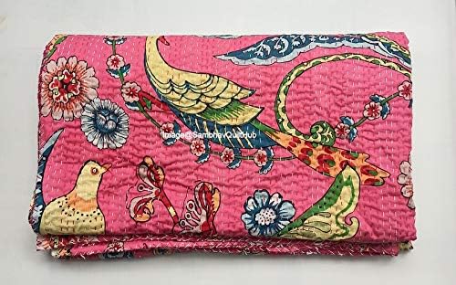 Pink Handblock Animal Print Handmade Cotton Kantha Quilting Boho Bedding Throw Blanket Hippie Queen/King Size Bohemian Block Kantha Quilt (90X108 inches (Double/Queen))