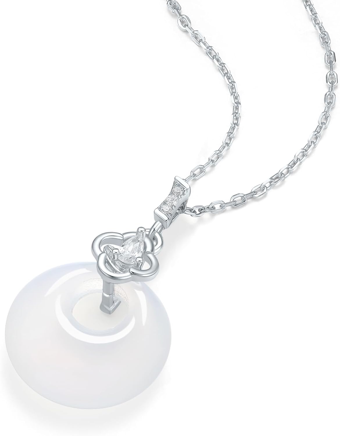 Sterling Silver Pendant Necklace White Chalcedony Peace Buckle Blessing Necklace Cubic Zircon Necklace for Women Mom Lover Birthday Aniversary 15.7-17.7Inch/40+5cm - Image 6