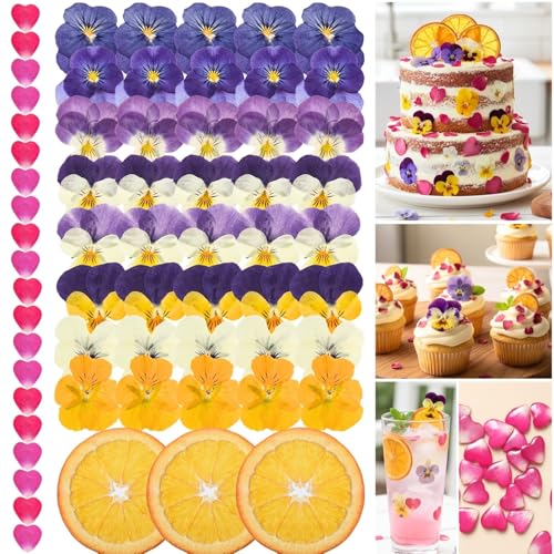 63 Pcs Edible Flowers Cake Decorations – Dried Edible Flowers for Cocktails, Drinks, Cupcake Topper & Cake Decorating, Food Grade Pressed Flowers Mix with Pansy, Heart Rose Petals & Orange