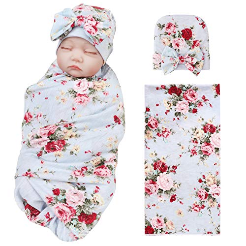 Image of DRESHOW BQUBO 1 Pack Newborn Floral Sleepsack Toddler Warm Receiving Blankets Newborn Baby Swaddling Hats