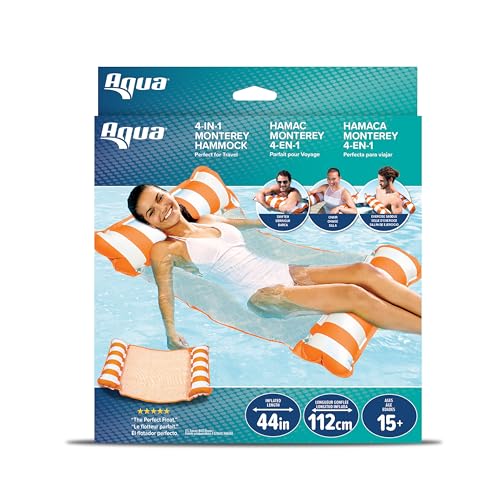 Image of Aqua Original 4-in-1 Monterey Hammock Pool Float & Water Hammock - Multi-Purpose, Inflatable Pool Floats for Adults - Patented Thick, Non-Stick PVC Material - Orange /White Stripe