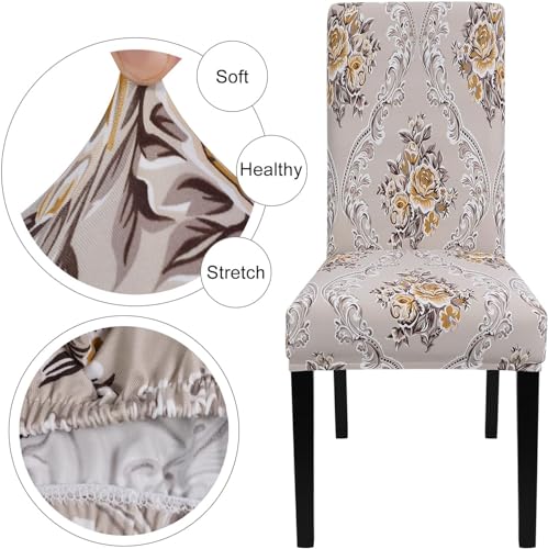 Image of Styleys Elastic Chair Cover Stretch Removable Washable Short Dining Chair Cover Protector Seat Slipcover (Set of 4, Beige Iris, SD3044)