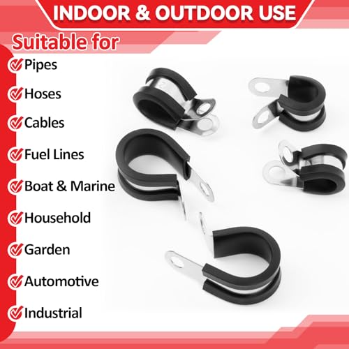 Image of 12 Pack Stainless Steel Cable Clamps - 3 /8 inch, 1 /2 inch, 5 /8 inch, 3 /4 inch Rubber Coated Insulated Wire Clamps, Pipe Clamp for Pipe Hose Household Garden Automotive Wire Cord Installation