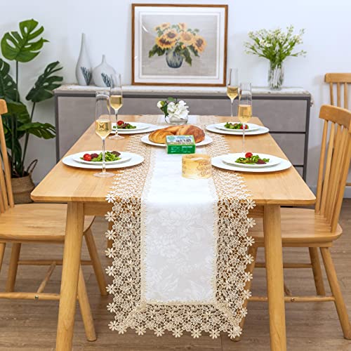 BrekSdat Lace Table Runner Waterproof Fabric Washable Beige 16x70inch