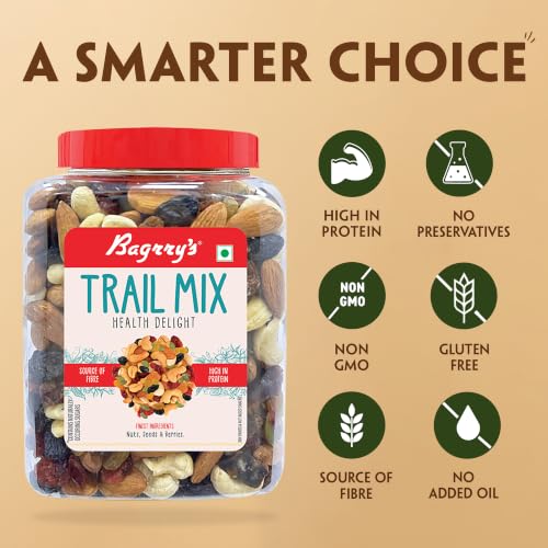 Image of Bagrry's Trail Mix 1kg | 7 in 1 Ingredients | Californian Almonds | Cashews | Cranberries | Dates | Pumpkin Seeds | Green & Black Raisins | High Protein | Source of Fibre | Oil-Free | Non-Salted | Guilt-free Anytime Snack | Dry fruit mix | Mix nuts | Re-usable jar