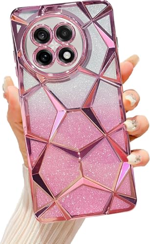 VONZEE Gradient Glitter Case for One Plus 13R, Luxury Electroplated 3D Cube, Diamond Bling Shiny Soft TPU Clear Shockproof Women Girls Protective Oneplus 13R Phone Cover (Rose Gold)