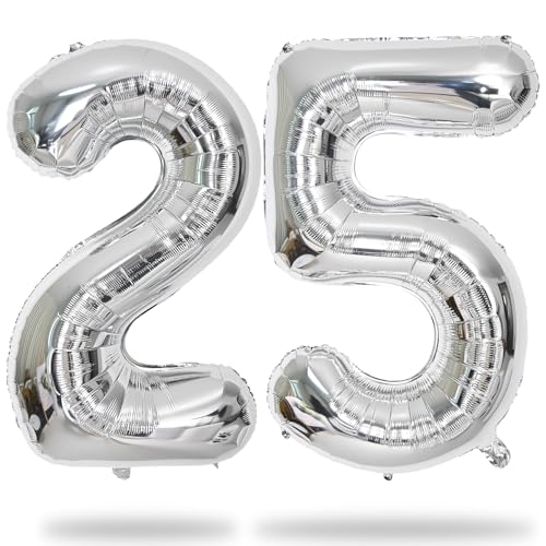Image of 40 Inch 25th Birthday Balloons for Men, Mylar Self Inflating Silver 25 Balloon Number, Big Foil 2 & 5 Helium Balloons for Women 25 Year Old Birthday Party Decorations Women Anniversary Decor Supplies