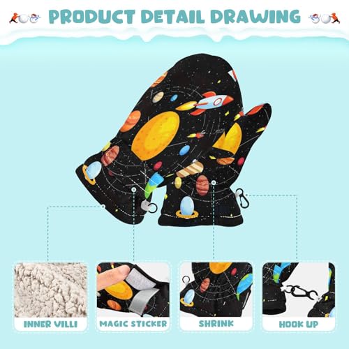 Caikeny Kids Snow Mittens Solar System Planets Toddler Warm Gloves Sun Science Winter Ski Mittens for Girls Boys Baby 2-4 Years S4