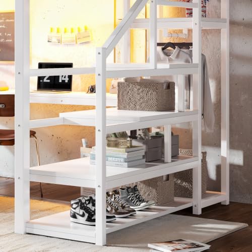Image of Bellemave Full loft Bed with Storage Stairs, Wardrobe, Shelves, Metal Full Loft Bed Frame for Adults, Kids, Teens, White