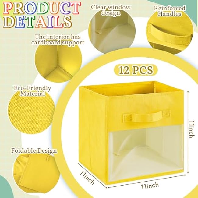Marsui 12 Pcs Clear Storage Bins Collapsible Cube Fabric Classroom Storage Organizer Bin with Window for Kid Room Daycare Nursery Playroom(Rainbow Color)