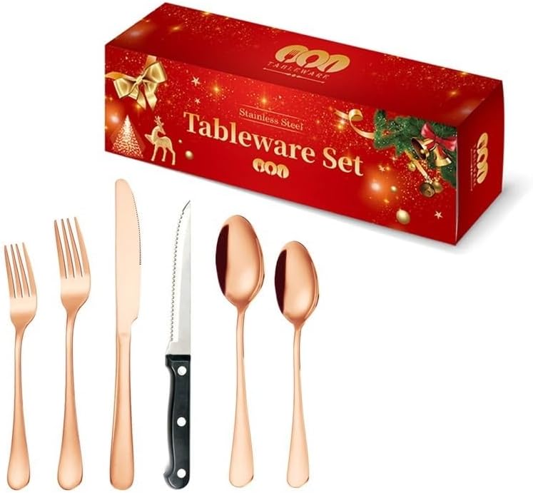 Silverware Flatware Set, 24-piece Stainless Steel Silverware Set Service For 4, Red Box Set Steak Knife, Fork And Spoon Creative Tableware(Rose Gold)