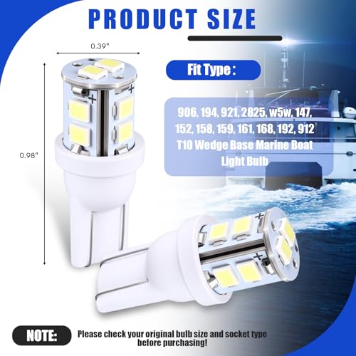 Aurelema 4 Pcs 906 LED Bulbs T10 Wedge Base Marine Boat Light Bulb Cool White 6000k All Round Mast Anchor Navigation Lights for Kayak Sailboat Pontoon Boat