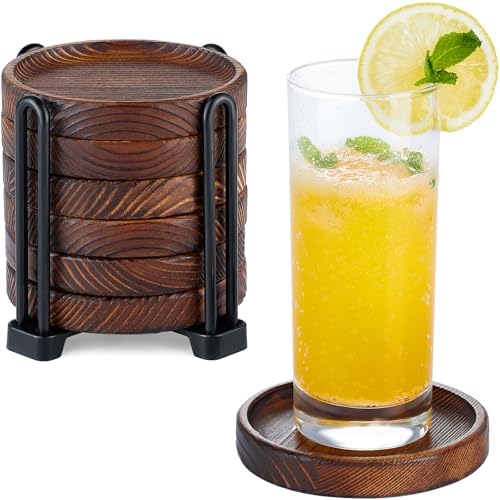 6Pcs Wooden Coasters for Drink-Acacia Wood Drink Coasters Set with Holder