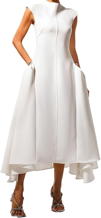 Red Trendy Sleeveless Irregular Hem Fit and Flare Dress for Women Classic Crew Neck Slim Waist Cocktail Date Night Dress