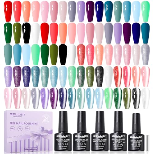 GELLEN 24pcs Gel Nail Polish Set 20 Colors UV Gel Polish Red Blue Green Hema TMPTA TPO 3-free with Base Coat and Glossy Matte Cateye Top Coat All Seasons NailGel for Christmas Gift Women Girls