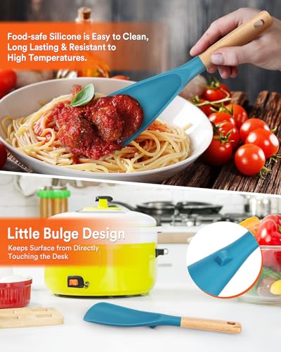 Image of Cooking Spoon and Rice Scooper for Nonstick Cookwares, Great for Cooking and Serving Durable BPA-Free Matte Silicone, Wood Handle Spoon for Mixing, Scoop, and Scrape