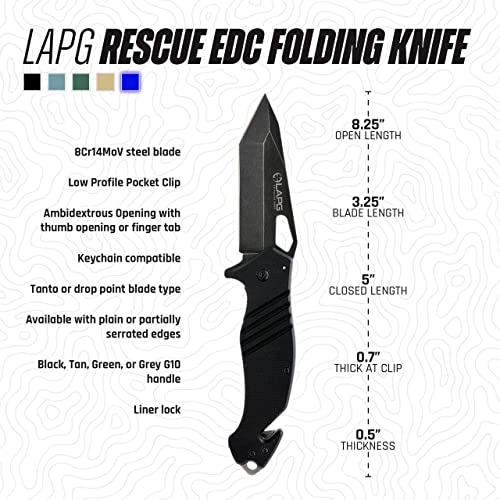 La Police Gear Rescue Edc Folding Knife, Tactical Flipper Pocket Knife, Survival Knife With Seatbelt Cutter & Glass Breaker - Black Serrated Drop Point Blade/Tan Handle #TOP3