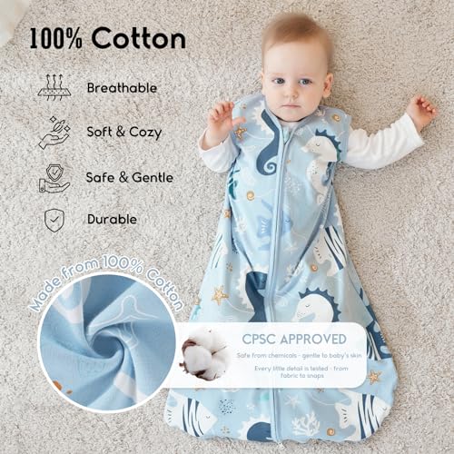 Image of Yoofoss Baby Sleep Sack 18-24 Months 0.5 TOG Baby Wearable Blanket, 100% Cotton Infant Toddler Sleeping Sack 2-Way Zipper Lightweight Sleepsack, Seahorse, X-Large