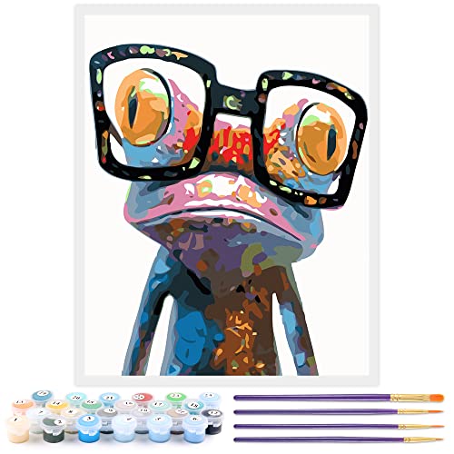 Toudorp DIY Malen nach Zahlen Kit, Bunte Tiere Malen nach Zahlen auf Leinwand DIY Acryl Gemälde 16x20 Zoll - Bunter Frosch ohne Rahmen Cover