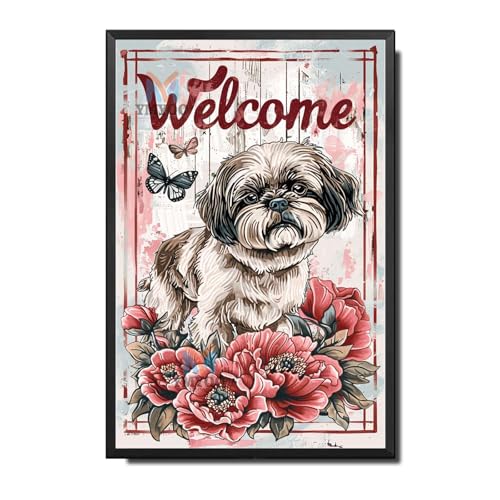 Ymyoo Decorative Tin Sign Wall Art Cute Shih Tzu Welcome with Chinese Peonies for Home Entries Shih Tzu Enthusiast Areas Easy Install Corrosion Resistant Aluminum 12×16 Inches with Metal Frame