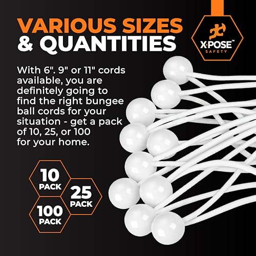 Image of Xpose Safety Bungee Ball Cords 9 inch 100 Pack Heavy Duty White Stretch Rope with Ball Ties for Canopies, Tarps, Walls, Cable Organization