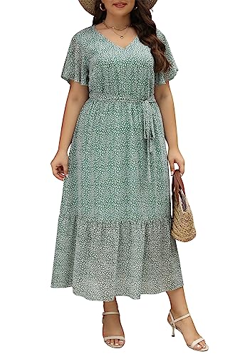 Image of Nemidor Plus Size Women Casual Maxi Dresses Print Bobo Belted Layered Chiffon Summer Long Dress with Ruffle Sleeve