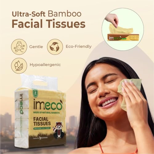 Image of IMECO Bamboo Facial Tissue Papers -100 Pulls (Pack of 12), 1200 Pulls - 2 Ply, Premium, Soft, Biodegradable & Skin Safe, 100% Natural and Ecofriendly, Soft tissue pack