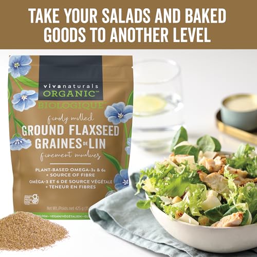 Image of Viva Naturals Organic Ground Flaxseed, - Plant-Based Protein, Vegan Omega-3 & Fiber, Finely Milled Flax Seeds, Perfect for Smoothies & Baking, (425 g) 15 Ounce (Pack of 12)