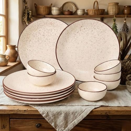 Image of Freakway Rustic Speckled Ceramic Dinner Set - 12 Pc (6 Plates, 6 Bowls) - Beige with Brown Rim