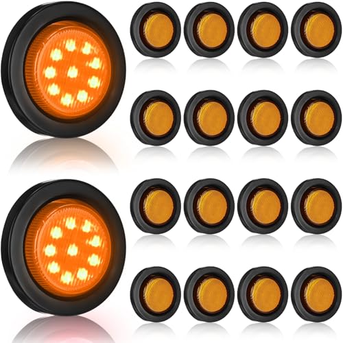 Image of Treela 16 Pcs 2 Inch LED Marker Lights 10 LEDs Round Trailer Light Waterproof Sealed with Rubber Flush Mount Grommet 2 Prong Wire Pigtails for RV Truck Semi Trailer Side Tail Lights(Yellow)