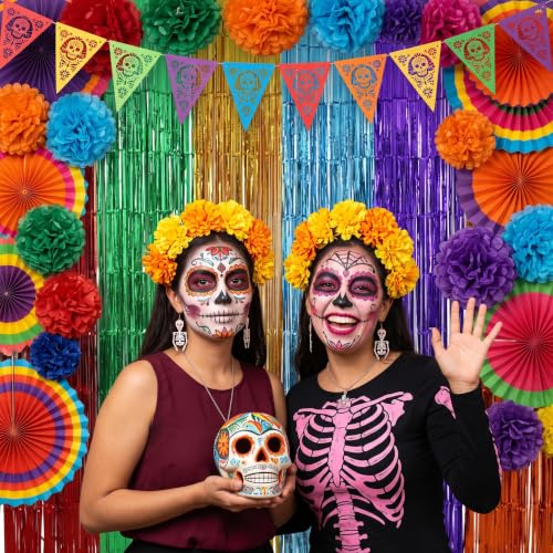 Image of TONIFUL 2Pcs Multicolor Metallic Tinsel Foil Fringe Curtain Door Streamer | 3.3ftx6.6ft Photo Booth Backdrop Tinsel Streamer Curtain, Props for Taco Cinco de Mayo Party Birthday Baby Shower Decorations