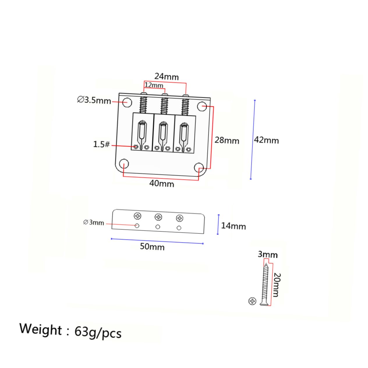 OFFSCH Adjustable Height 4 Screw Guitar Bridge Flat-head Solid Metal for Vintage Style Jazz or Electric