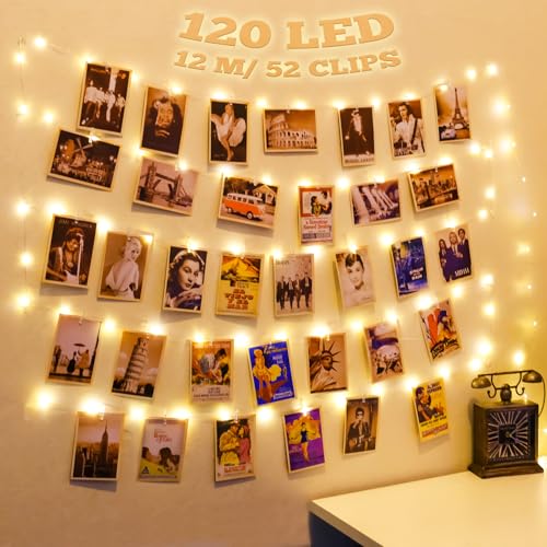 HXWEIYE 120LEDs Photo Clips String Light Warm White 40Ft Fairy Light with 52 Clear Clips & 12 Hooks on Wall Timer & 8 Modes USB Powered Copper Wire String Light for Hanging Picture Bedroom Party