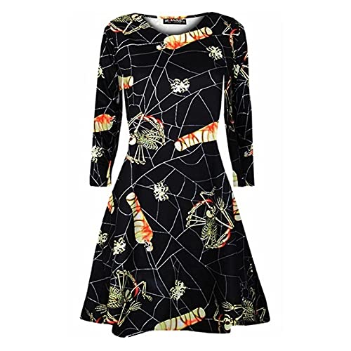 Frauen Halloween Totenkopf Print Kleid Vintage Kleider Langarm Cocktail Party Swing Dress (Farbe : 01, Size : S) Cover